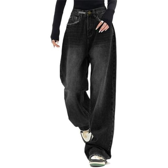 Women's Jeans Wide Leg Baggy Jeans High Waist Y2K Cargo Pants, Black - Picture 1 of 7